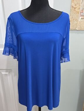 Per Seption Blue Mesh Sleeve Scoop Neck Top Size L